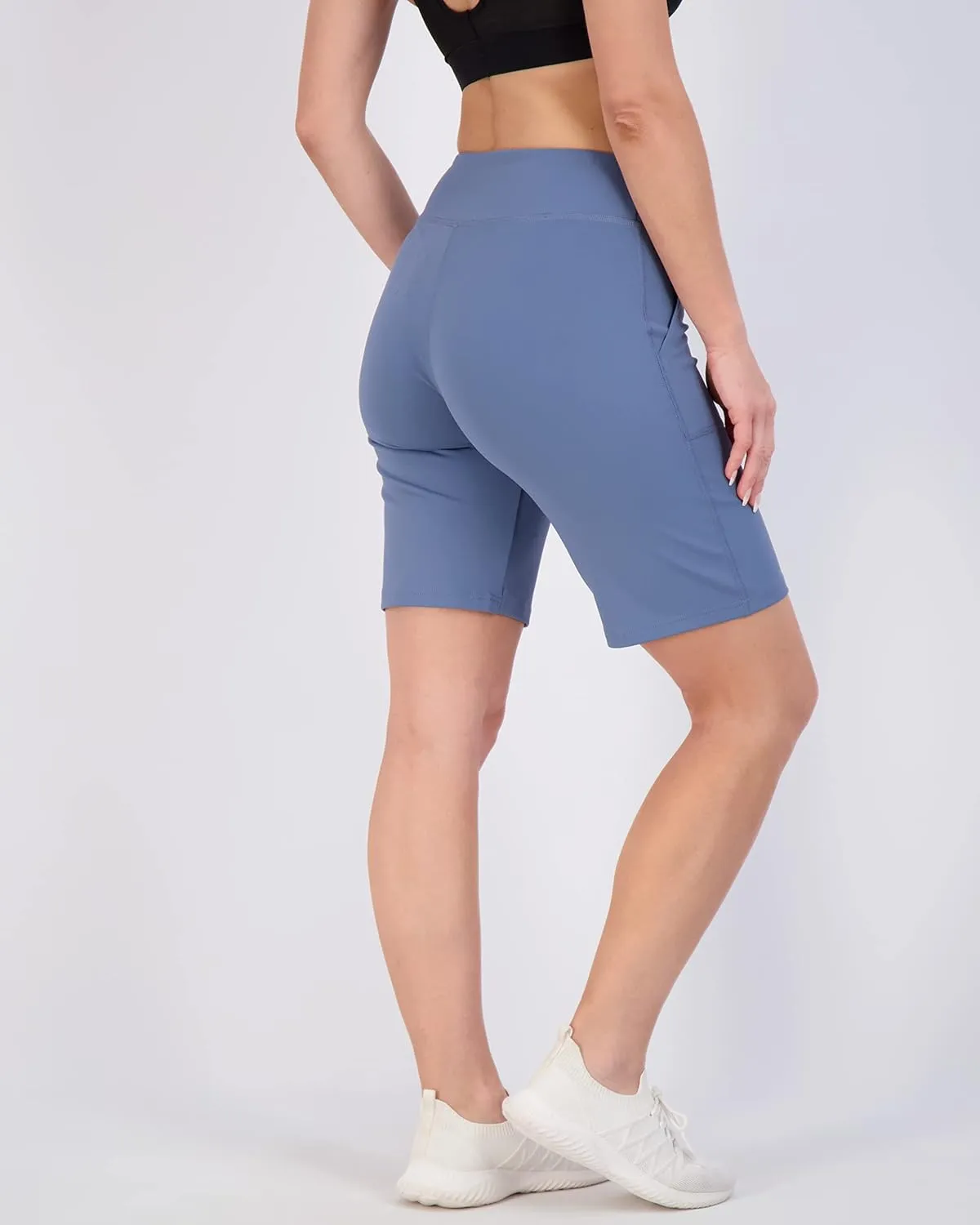 Real Essentials 4 Pack: Women's 9" Bermuda Long High Waisted Shorts with Pockets Casual Workout Athletic (Available in Plus)