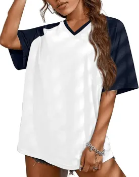 Remidoo Womens Short Sleeve Oversized T Shirt Color Block V Neck Casual Tee Tops