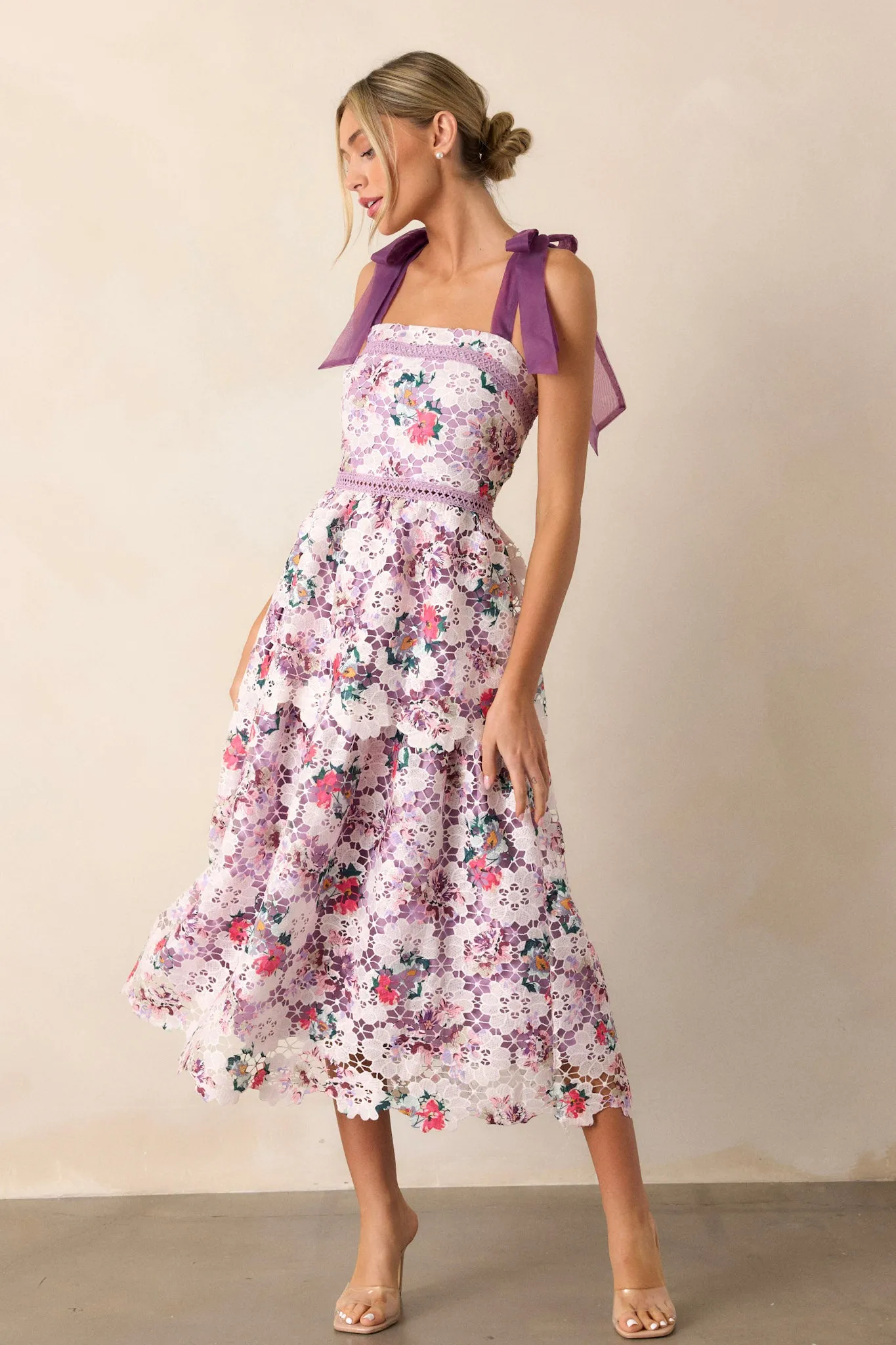 Romance In Bloom Lavender Floral Embroidered Midi Dress