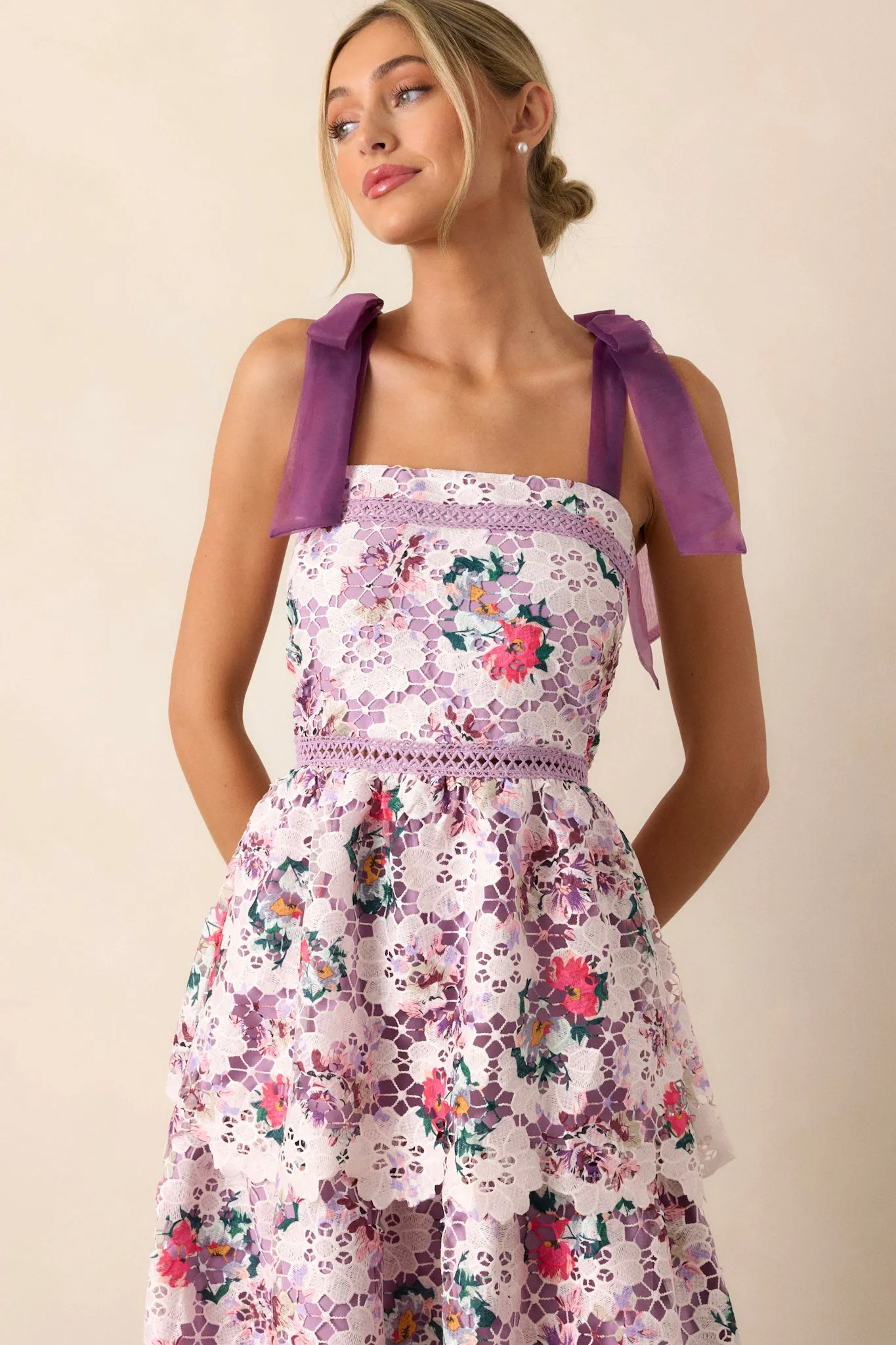 Romance In Bloom Lavender Floral Embroidered Midi Dress