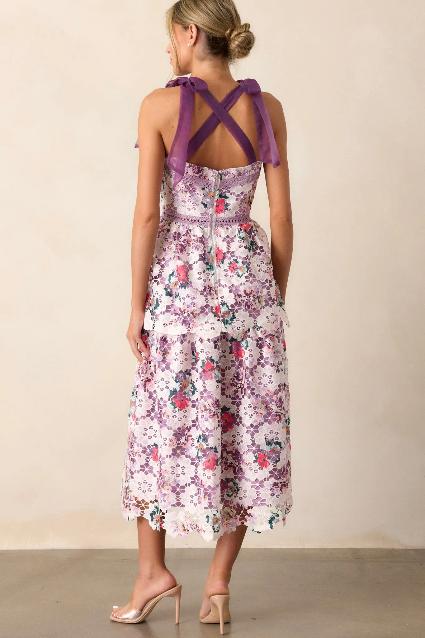 Romance In Bloom Lavender Floral Embroidered Midi Dress