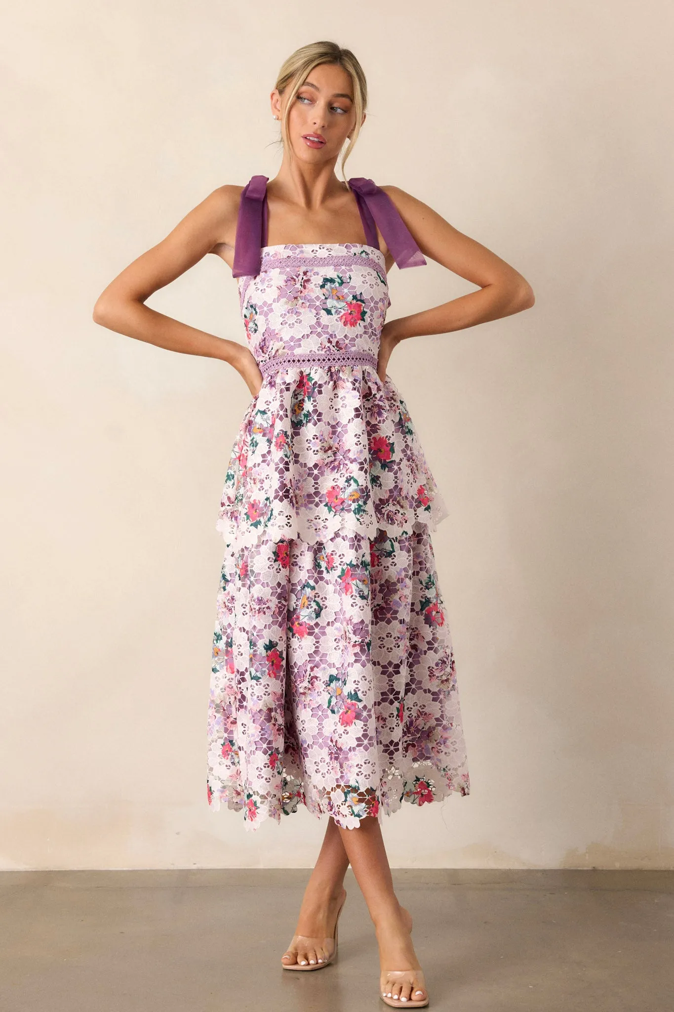 Romance In Bloom Lavender Floral Embroidered Midi Dress
