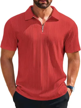 Runcati Mens Quarter Zip Polo Shirts Knit Textured Casual Short Sleeve Shirt Lightweight Golf Tops