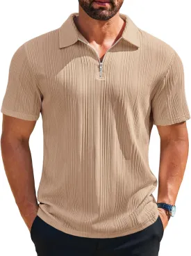 Runcati Mens Quarter Zip Polo Shirts Knit Textured Casual Short Sleeve Shirt Lightweight Golf Tops