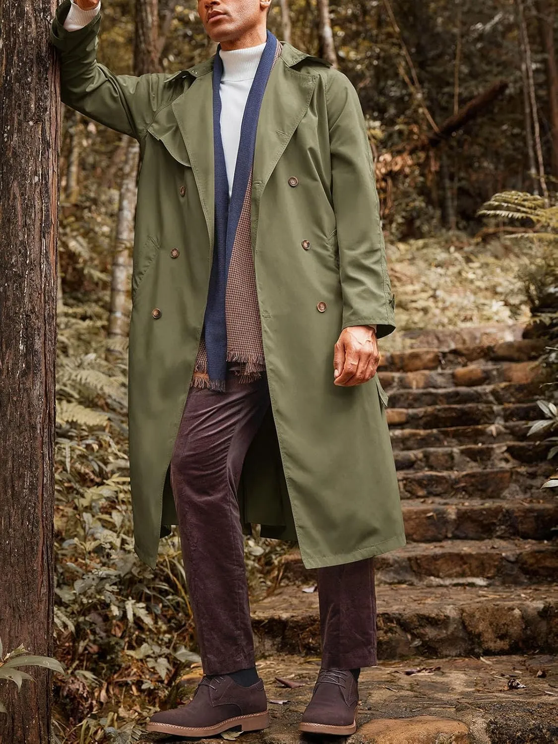 Runcati Mens Trench Coat Double Breasted Belted Windbreaker Jackets Lapel Lightweight Long Jacket Casual Overcoat