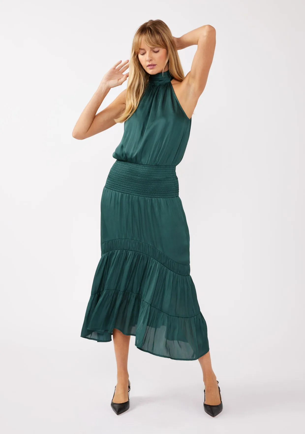 Satin Smocked Halter Midi Dress