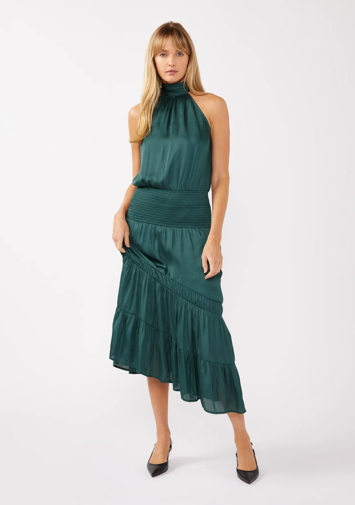 Satin Smocked Halter Midi Dress