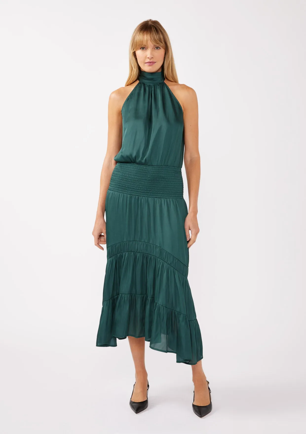 Satin Smocked Halter Midi Dress
