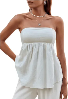 SHENHE Women's Frill Shirred Ruffle Tube Top Strapless Sleeveless Pleated Peplum Bandeau Blouse