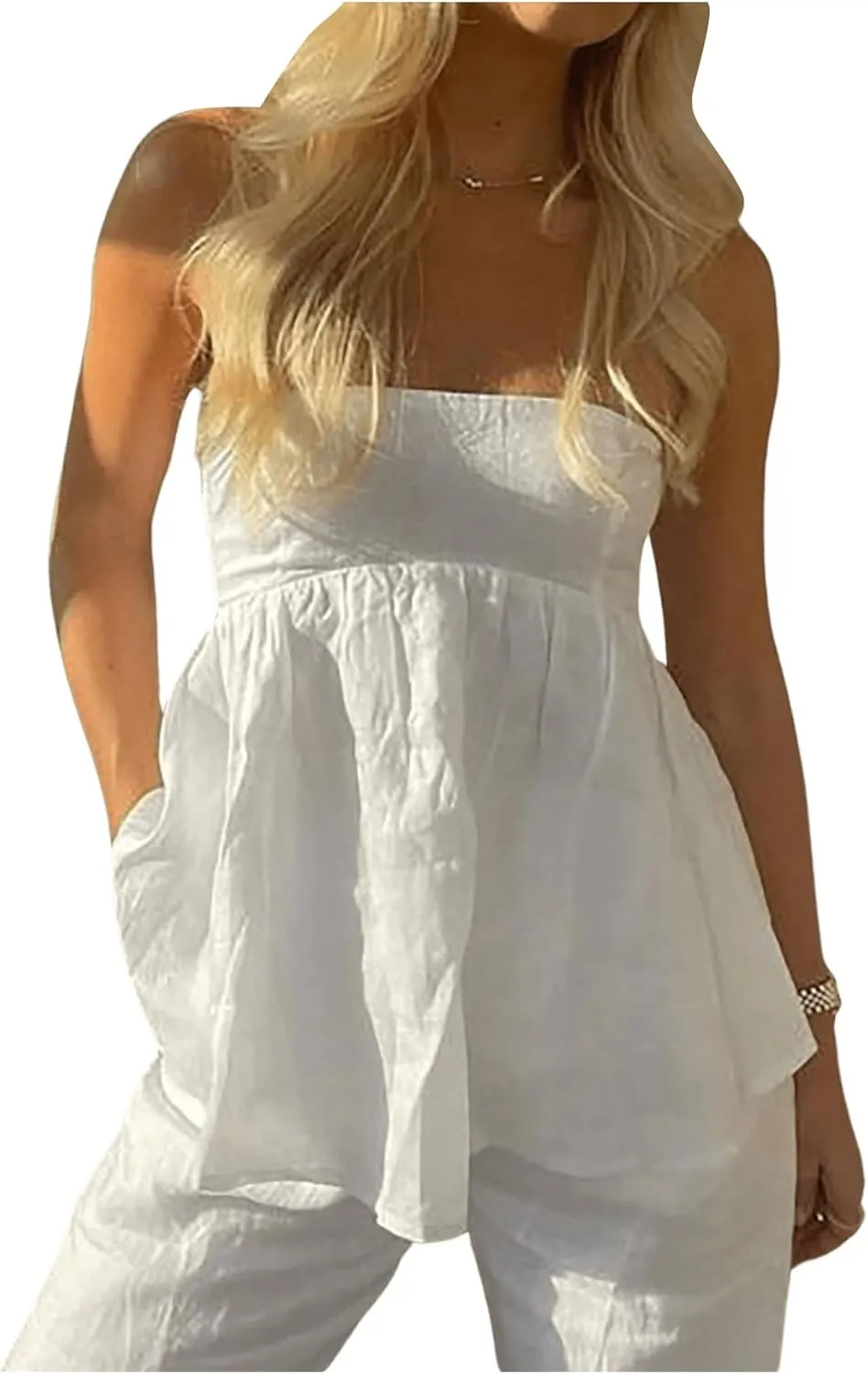 SHENHE Women's Frill Shirred Ruffle Tube Top Strapless Sleeveless Pleated Peplum Bandeau Blouse