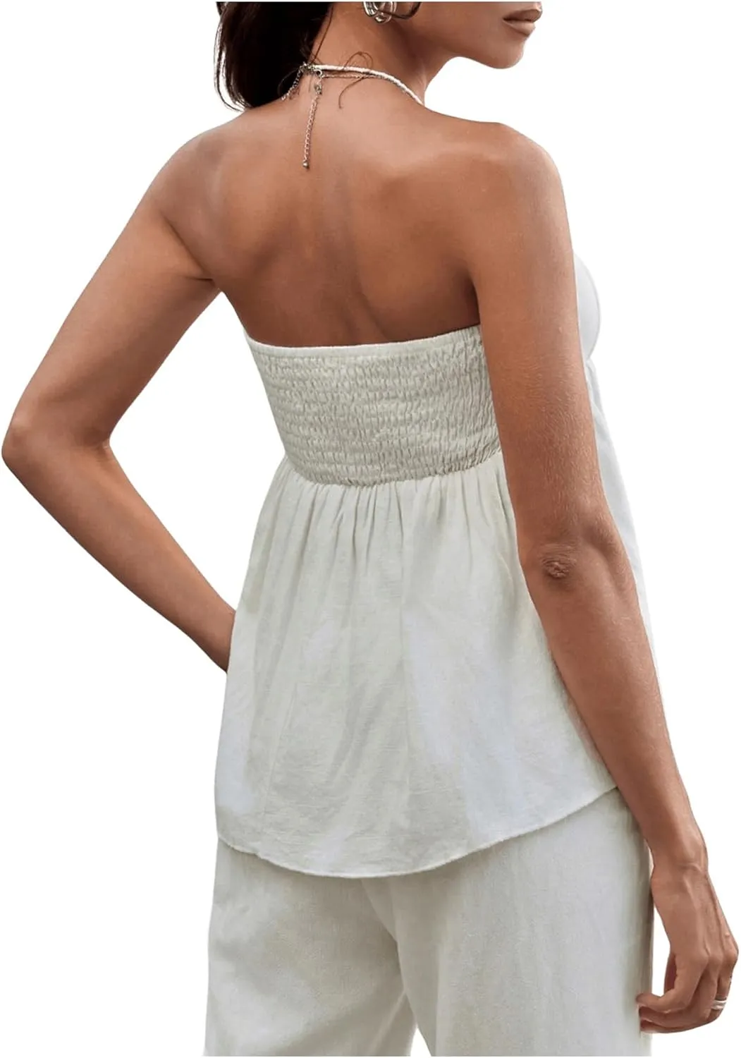 SHENHE Women's Frill Shirred Ruffle Tube Top Strapless Sleeveless Pleated Peplum Bandeau Blouse
