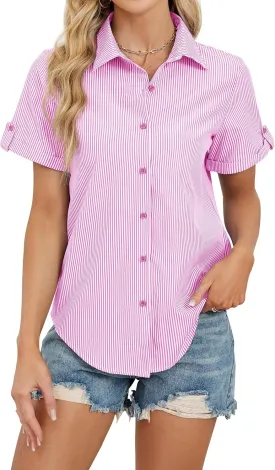 sillteelon Button Down Shirt for Women Cotton Striped Dress Shirts Short Sleeve Summer Button Up Collared Office Work Blouses