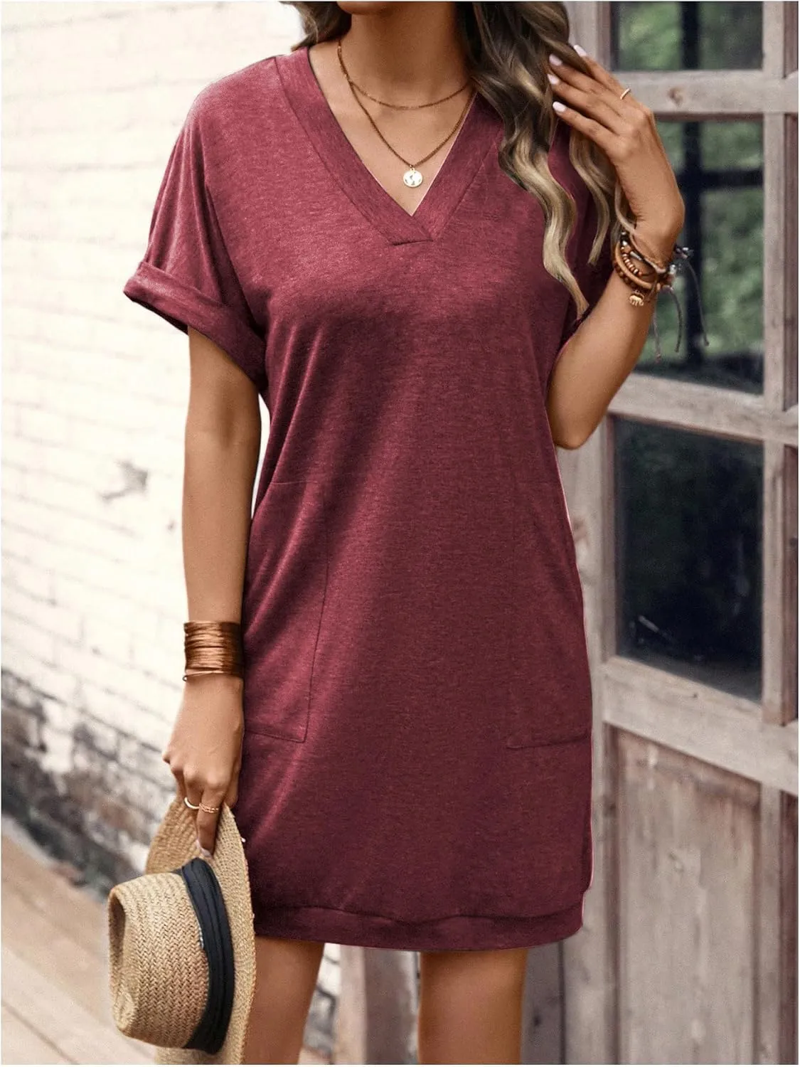 SOLY HUX T-Shirt Dress for Women V Neck Short Sleeve Basic Tunic Top T Shirt Dresses Casual Dress with Pockets