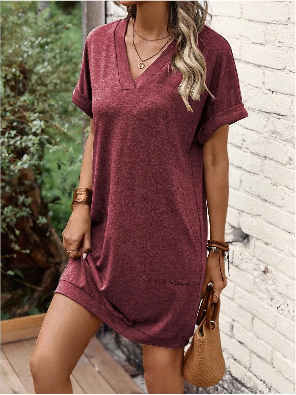 SOLY HUX T-Shirt Dress for Women V Neck Short Sleeve Basic Tunic Top T Shirt Dresses Casual Dress with Pockets
