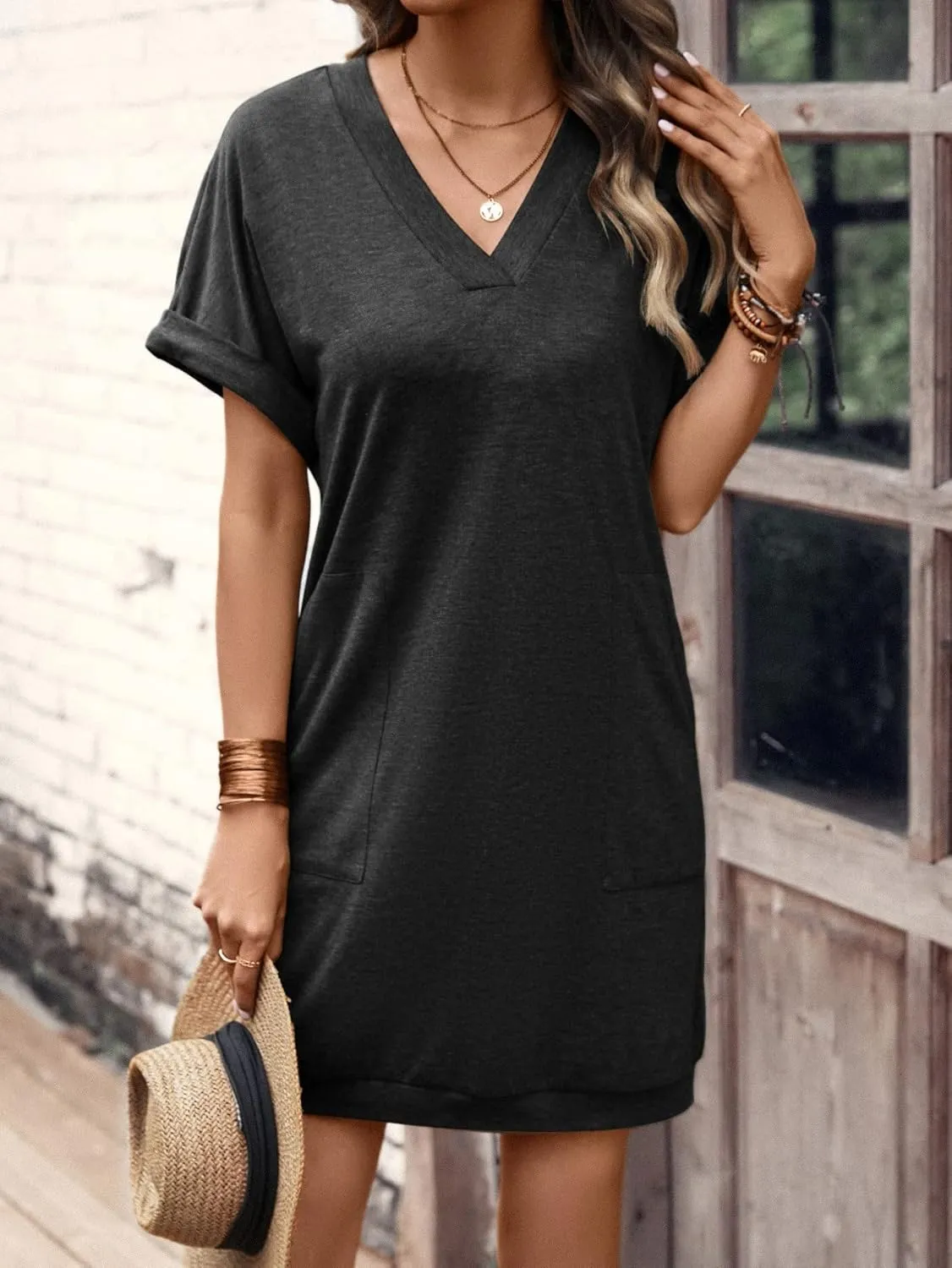 SOLY HUX T-Shirt Dress for Women V Neck Short Sleeve Basic Tunic Top T Shirt Dresses Casual Dress with Pockets