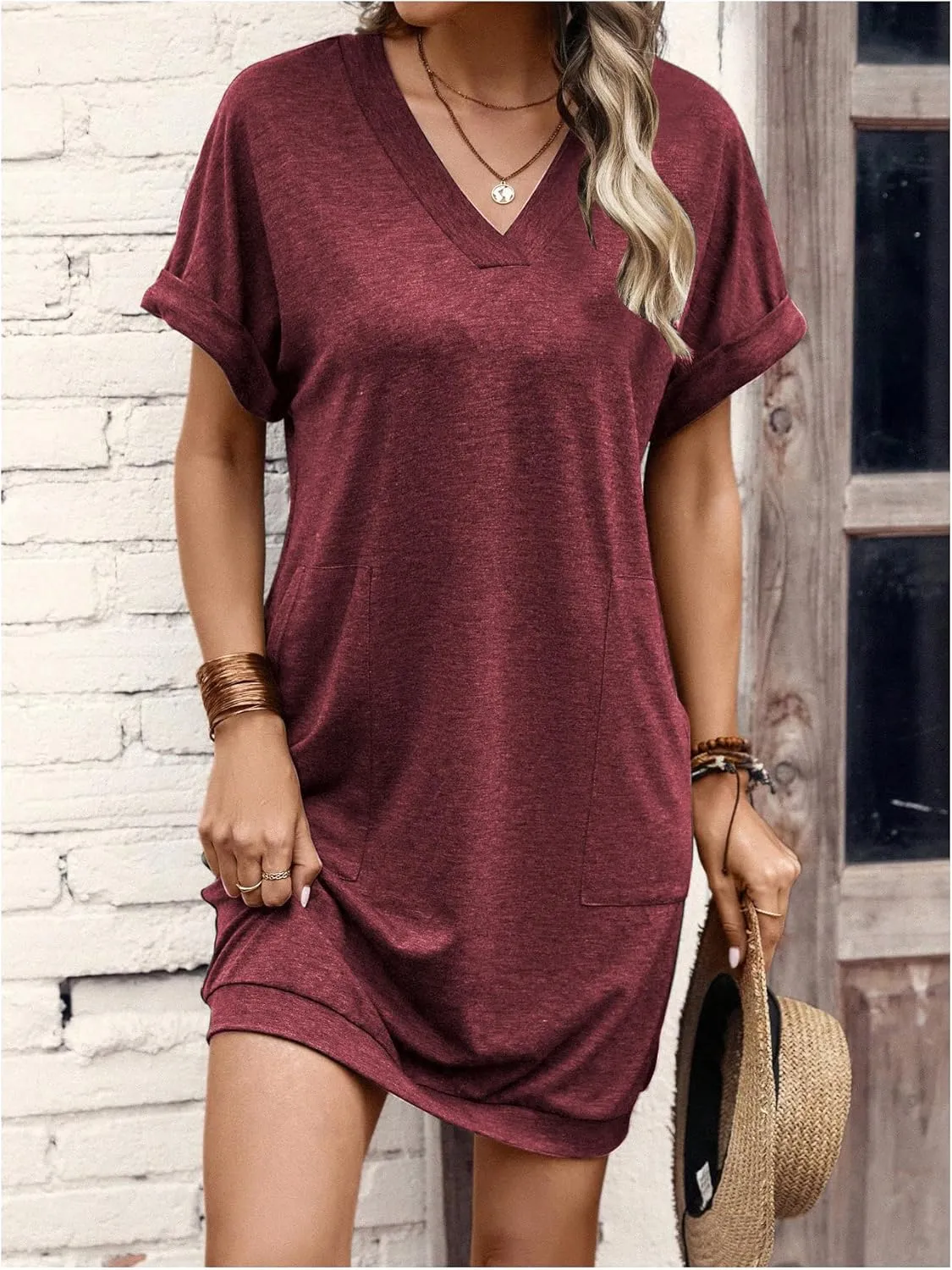 SOLY HUX T-Shirt Dress for Women V Neck Short Sleeve Basic Tunic Top T Shirt Dresses Casual Dress with Pockets