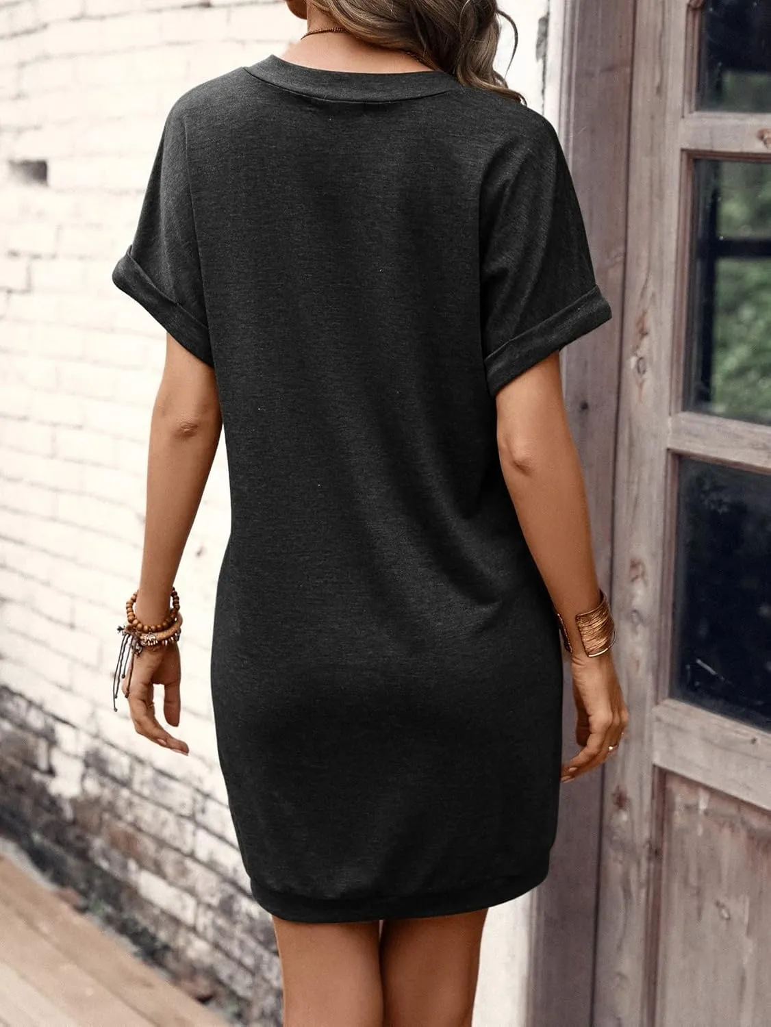 SOLY HUX T-Shirt Dress for Women V Neck Short Sleeve Basic Tunic Top T Shirt Dresses Casual Dress with Pockets