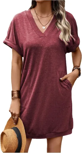 SOLY HUX T-Shirt Dress for Women V Neck Short Sleeve Basic Tunic Top T Shirt Dresses Casual Dress with Pockets