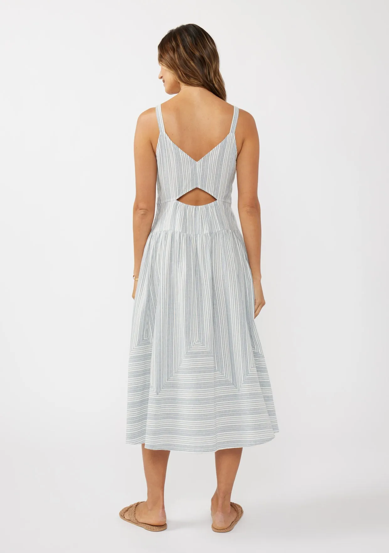Striped V-Neck Midi Dress with Cutouts and Pockets