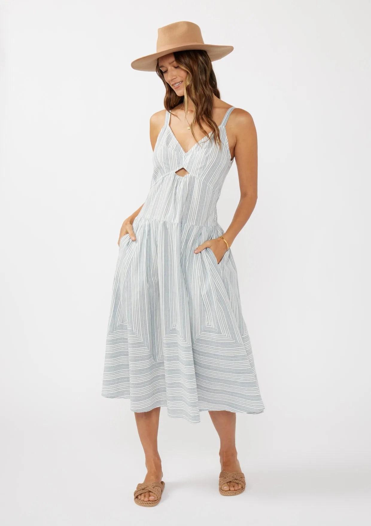 Striped V-Neck Midi Dress with Cutouts and Pockets