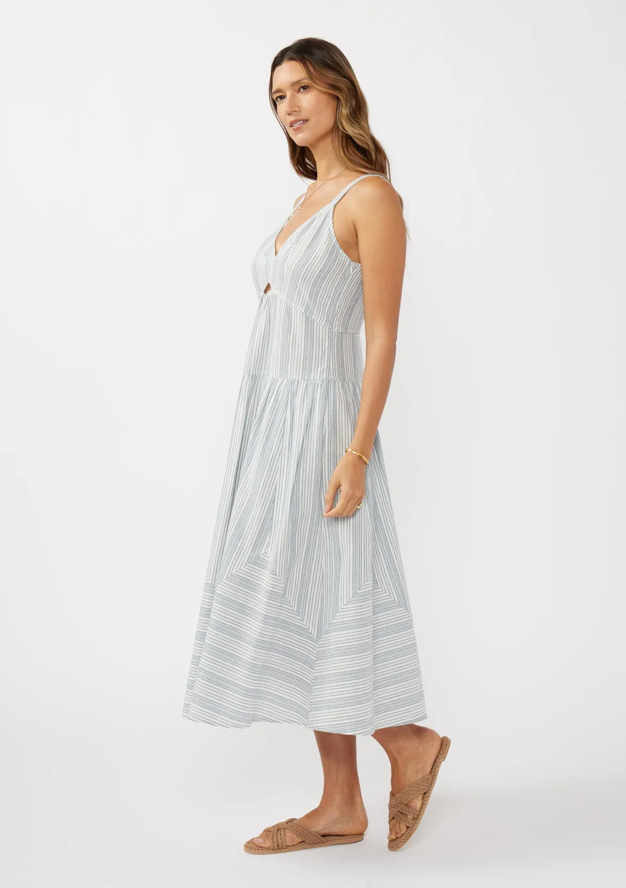 Striped V-Neck Midi Dress with Cutouts and Pockets