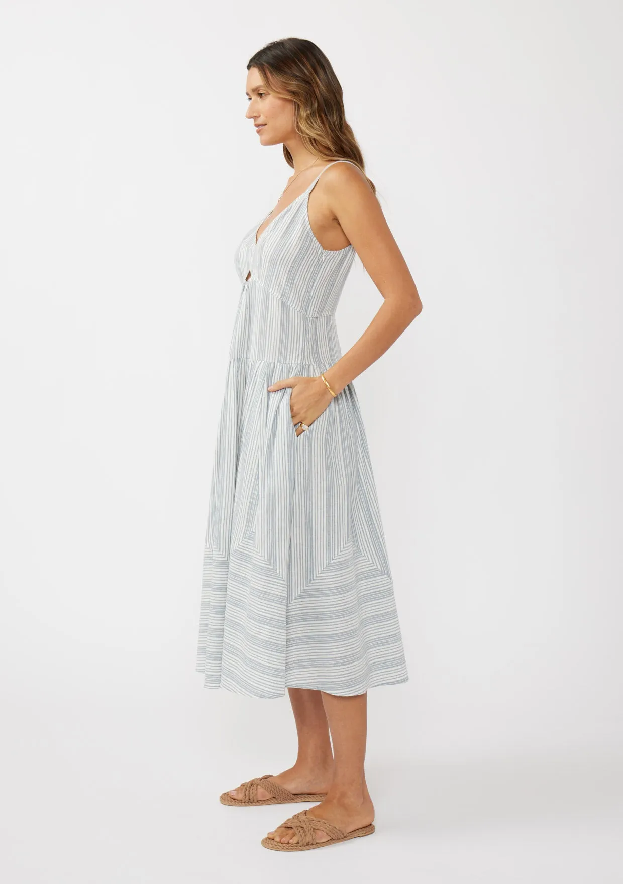 Striped V-Neck Midi Dress with Cutouts and Pockets