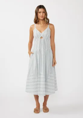 Striped V-Neck Midi Dress with Cutouts and Pockets