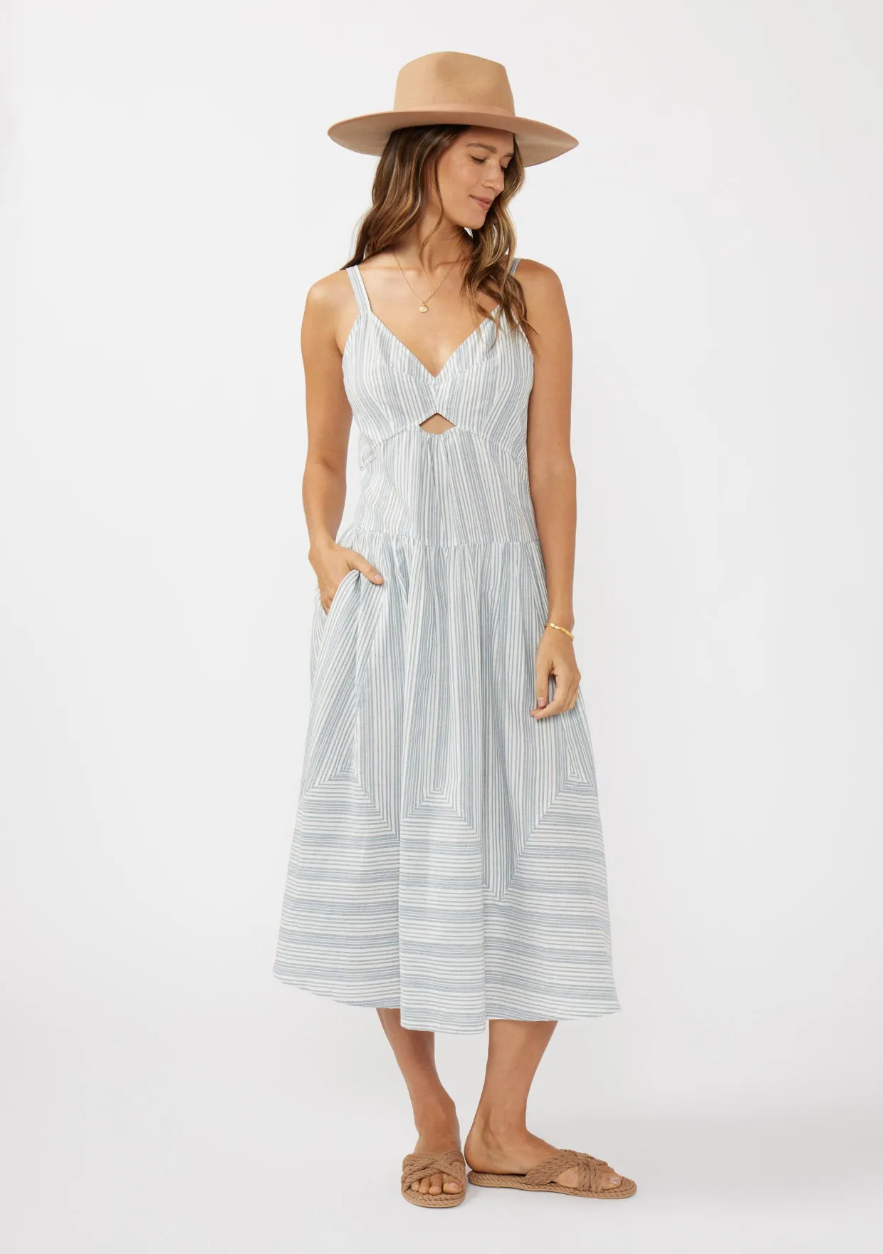 Striped V-Neck Midi Dress with Cutouts and Pockets