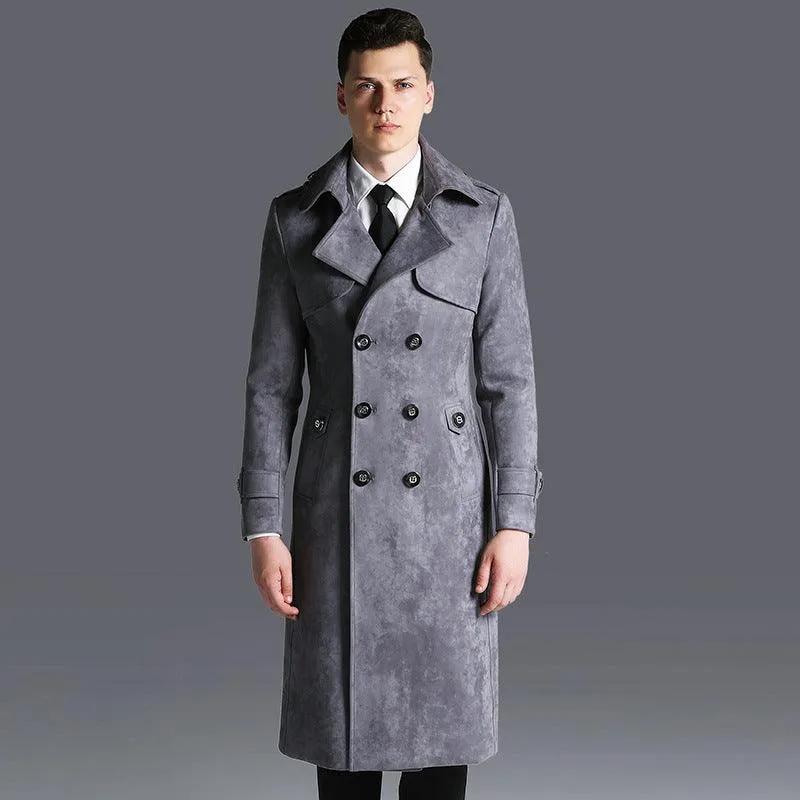 Suede Men's Solid Color Trench Coat