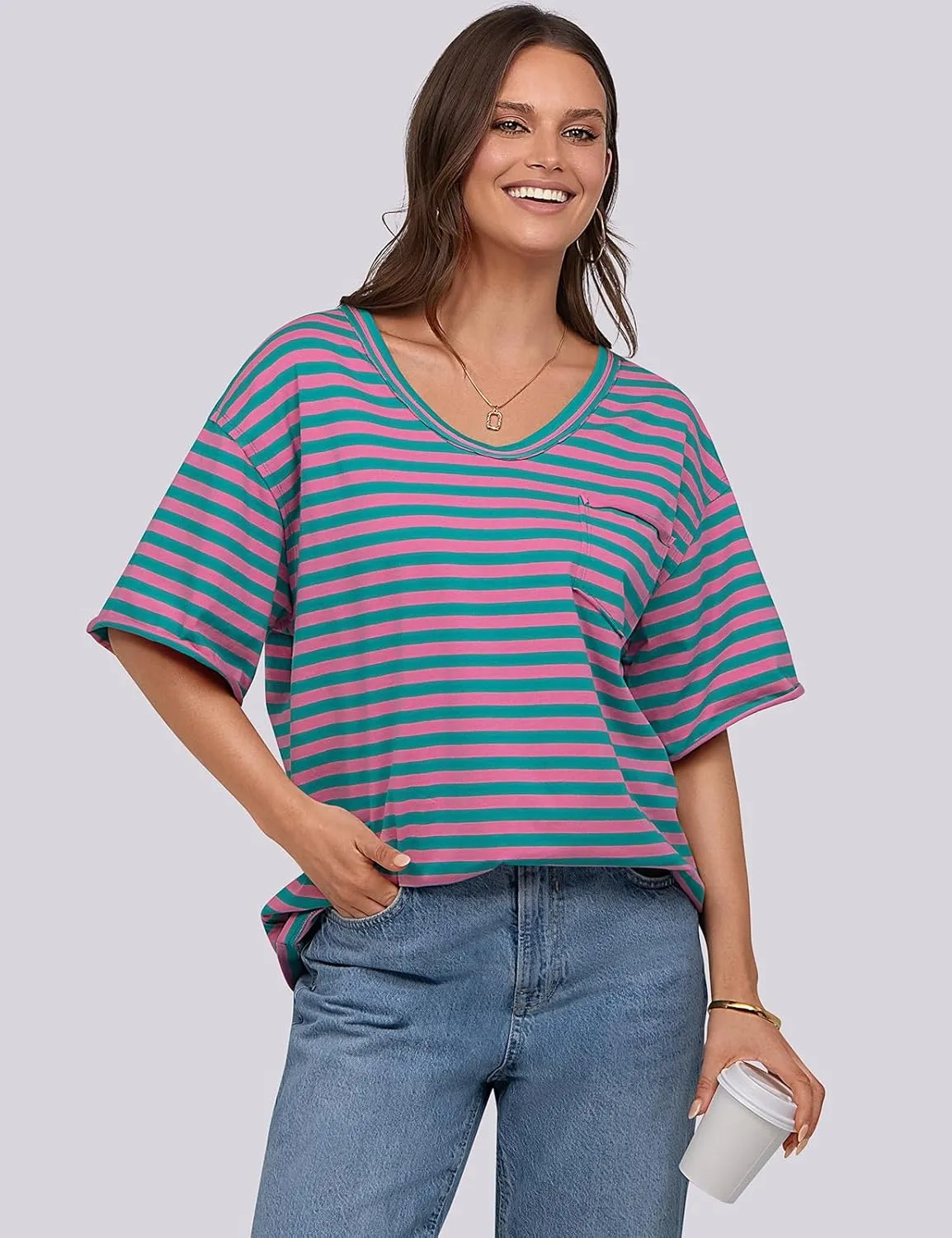 UEU Women Oversized Striped T Shirts Summer V Neck Short Sleeve Cotton Casual Loose Tops Tee Tshirts Trendy Fashion Clothes