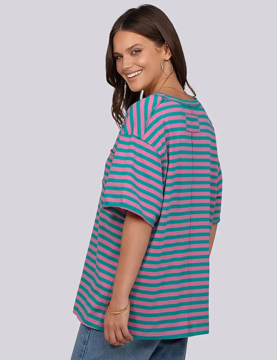 UEU Women Oversized Striped T Shirts Summer V Neck Short Sleeve Cotton Casual Loose Tops Tee Tshirts Trendy Fashion Clothes