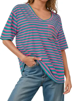 UEU Women Oversized Striped T Shirts Summer V Neck Short Sleeve Cotton Casual Loose Tops Tee Tshirts Trendy Fashion Clothes