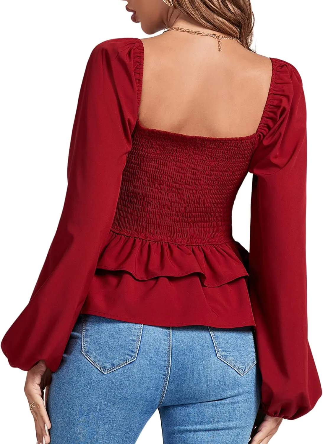 Umenlele Womens Square Neck Lantern Long Sleeve Shirred Ruffle Hem Smocked Peplum Babydoll Blouse Shirt Top
