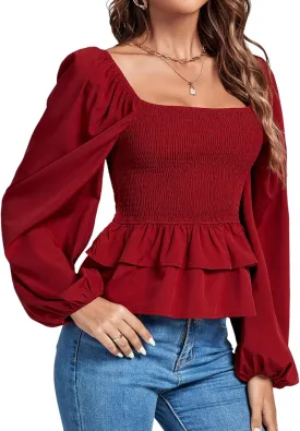 Umenlele Womens Square Neck Lantern Long Sleeve Shirred Ruffle Hem Smocked Peplum Babydoll Blouse Shirt Top