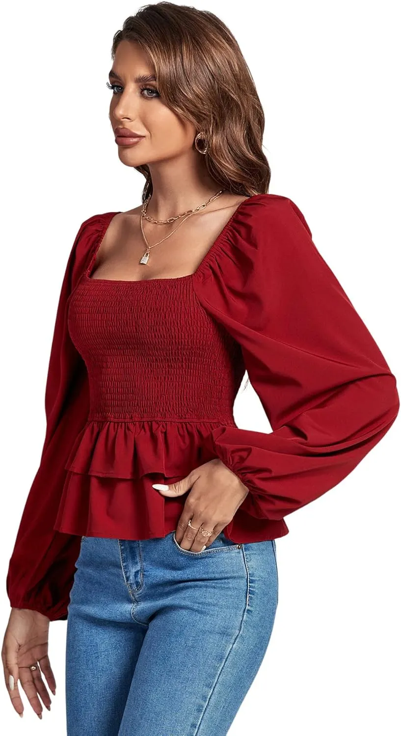 Umenlele Womens Square Neck Lantern Long Sleeve Shirred Ruffle Hem Smocked Peplum Babydoll Blouse Shirt Top