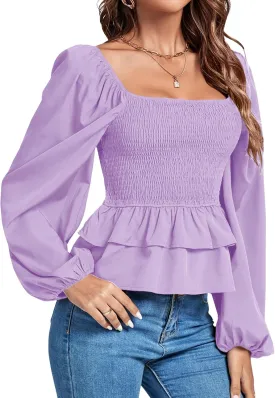 Umenlele Womens Square Neck Lantern Long Sleeve Shirred Ruffle Hem Smocked Peplum Babydoll Blouse Shirt Top