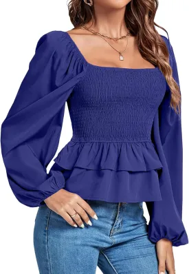 Umenlele Womens Square Neck Lantern Long Sleeve Shirred Ruffle Hem Smocked Peplum Babydoll Blouse Shirt Top