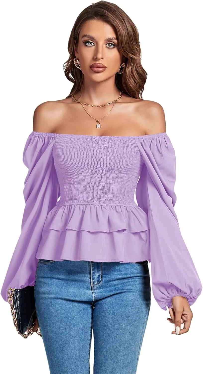 Umenlele Womens Square Neck Lantern Long Sleeve Shirred Ruffle Hem Smocked Peplum Babydoll Blouse Shirt Top
