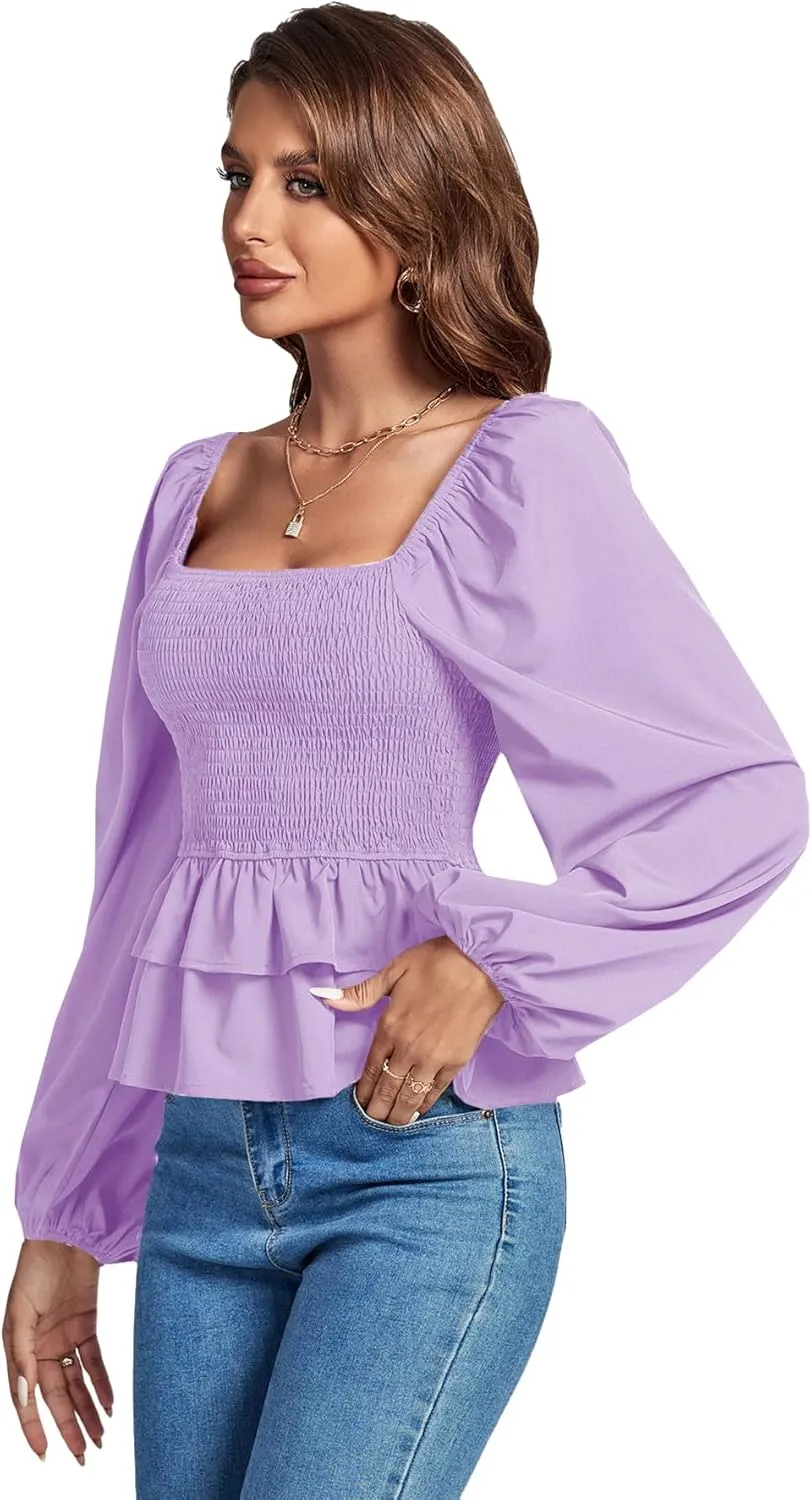 Umenlele Womens Square Neck Lantern Long Sleeve Shirred Ruffle Hem Smocked Peplum Babydoll Blouse Shirt Top