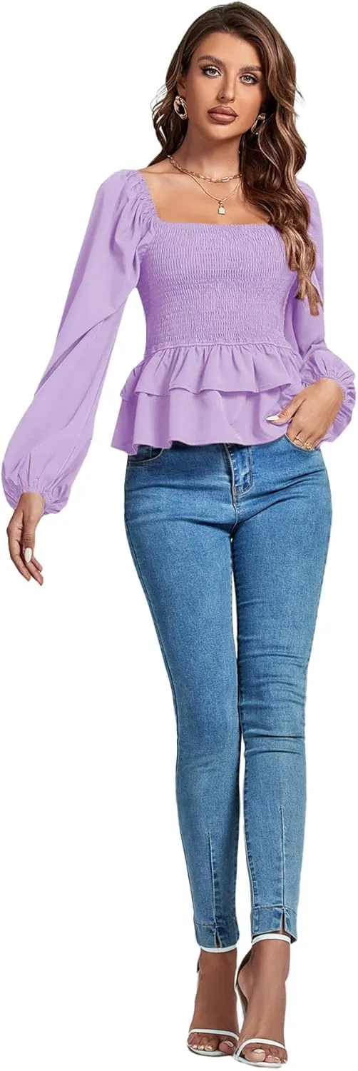 Umenlele Womens Square Neck Lantern Long Sleeve Shirred Ruffle Hem Smocked Peplum Babydoll Blouse Shirt Top