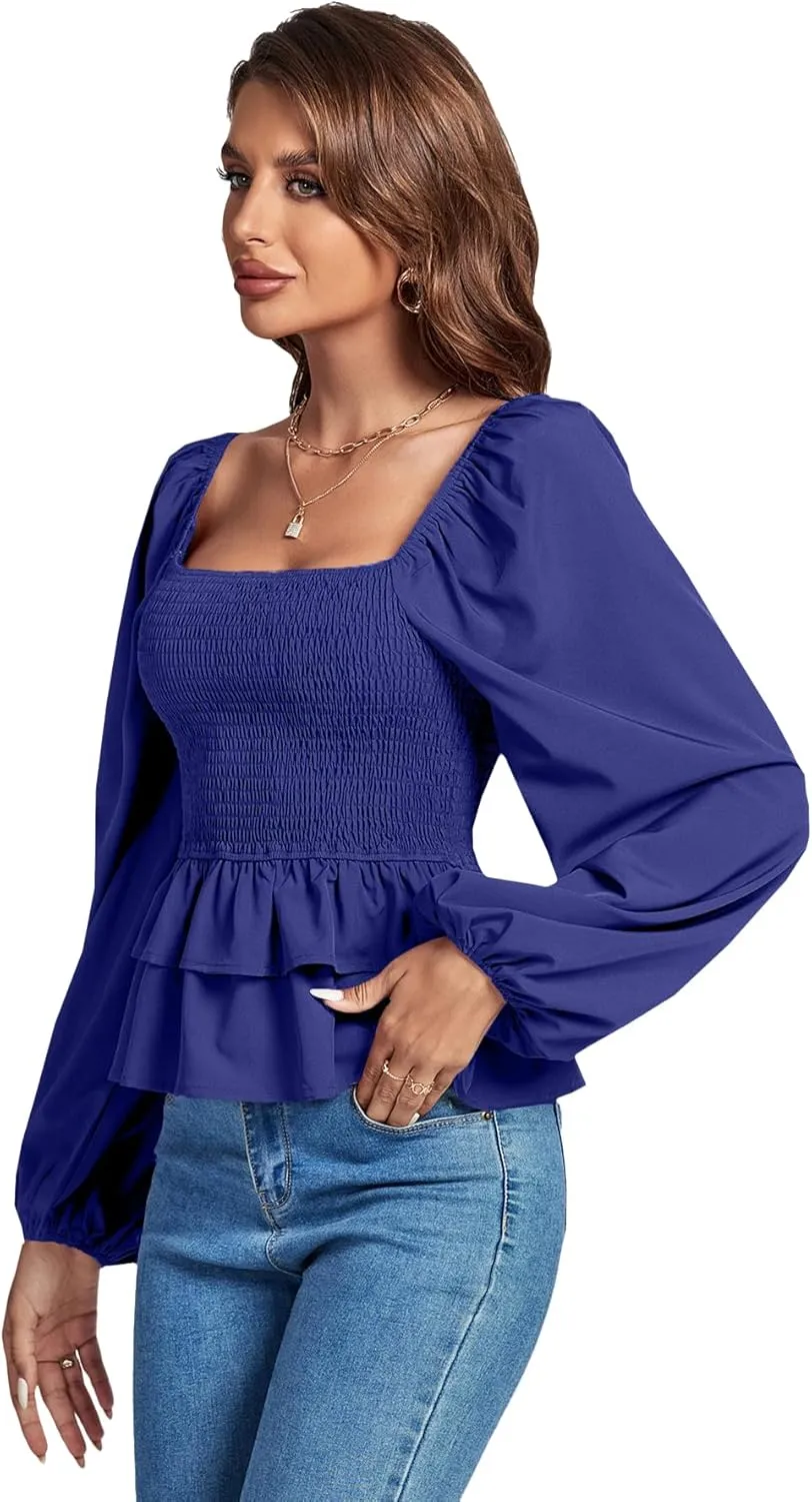 Umenlele Womens Square Neck Lantern Long Sleeve Shirred Ruffle Hem Smocked Peplum Babydoll Blouse Shirt Top