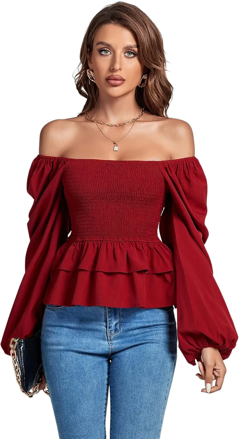 Umenlele Womens Square Neck Lantern Long Sleeve Shirred Ruffle Hem Smocked Peplum Babydoll Blouse Shirt Top