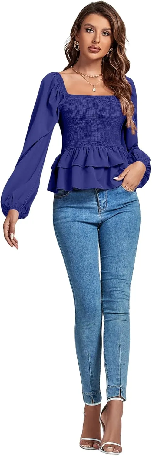 Umenlele Womens Square Neck Lantern Long Sleeve Shirred Ruffle Hem Smocked Peplum Babydoll Blouse Shirt Top
