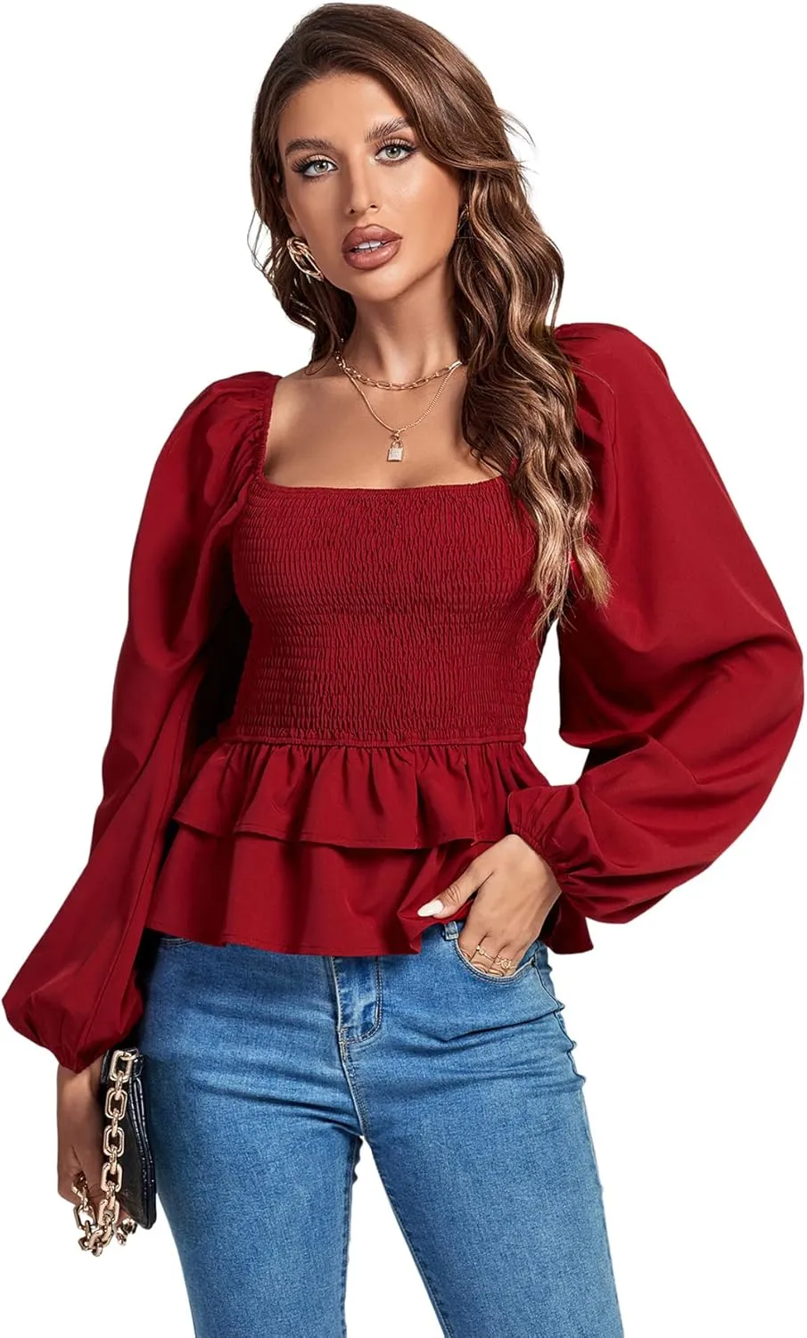 Umenlele Womens Square Neck Lantern Long Sleeve Shirred Ruffle Hem Smocked Peplum Babydoll Blouse Shirt Top