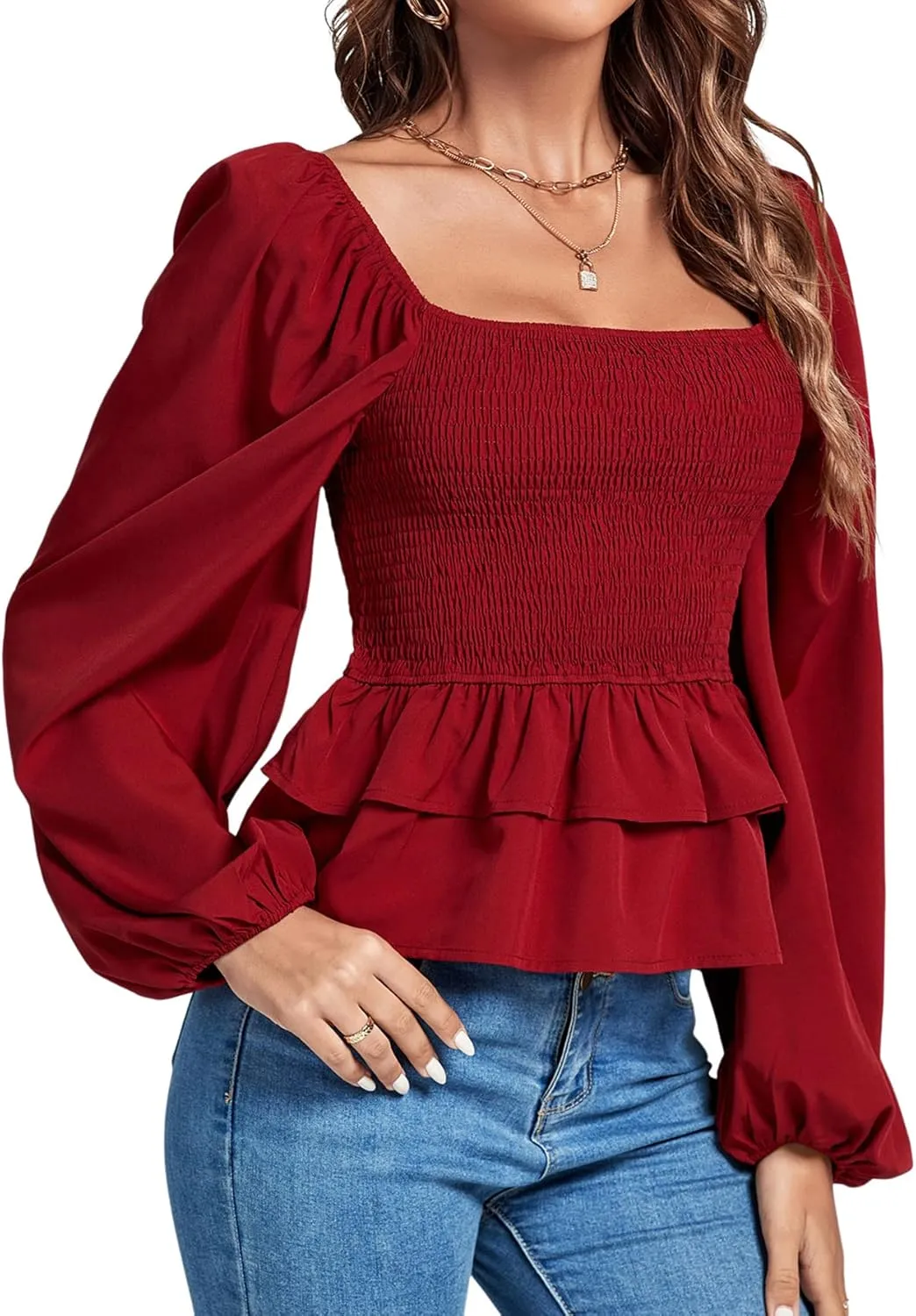 Umenlele Womens Square Neck Lantern Long Sleeve Shirred Ruffle Hem Smocked Peplum Babydoll Blouse Shirt Top