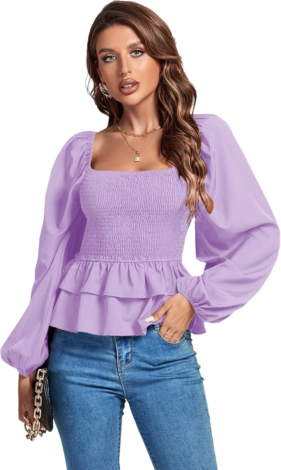Umenlele Womens Square Neck Lantern Long Sleeve Shirred Ruffle Hem Smocked Peplum Babydoll Blouse Shirt Top