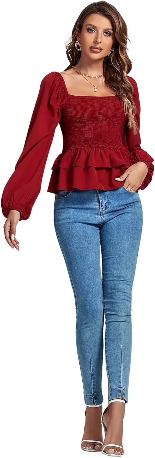Umenlele Womens Square Neck Lantern Long Sleeve Shirred Ruffle Hem Smocked Peplum Babydoll Blouse Shirt Top