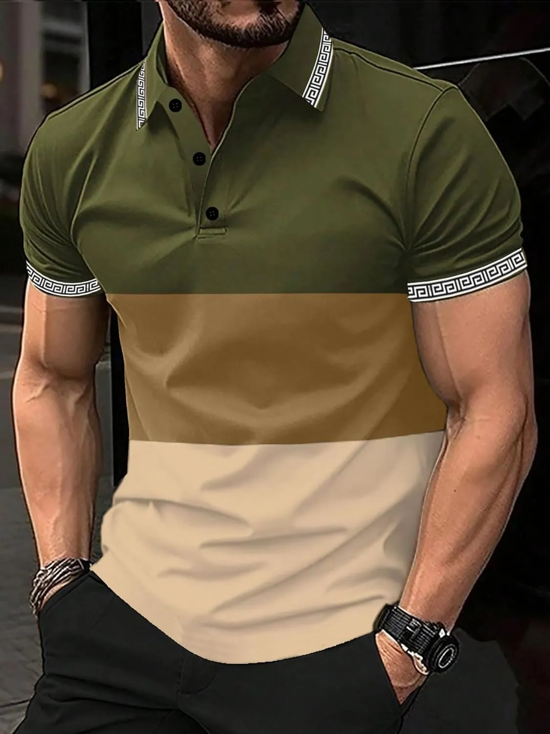 UOUA Mens Casual Polo Shirts Classic Short Sleeve Collared T Shirt Button Golf Slim Fit Tee Tops