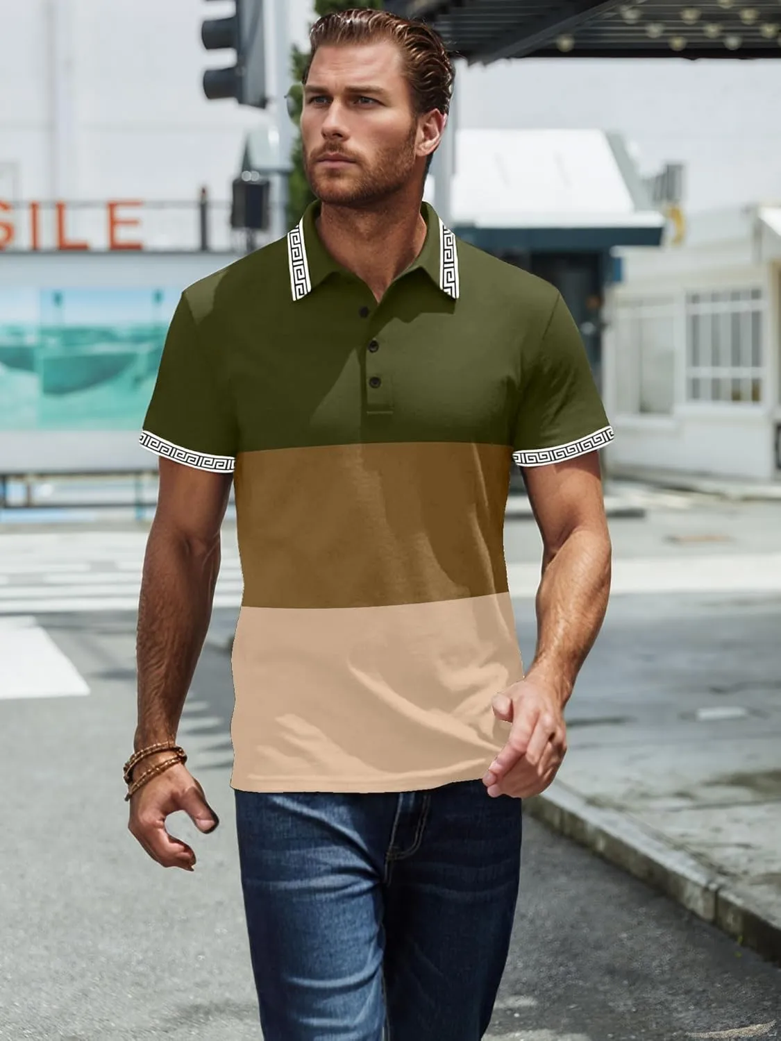 UOUA Mens Casual Polo Shirts Classic Short Sleeve Collared T Shirt Button Golf Slim Fit Tee Tops