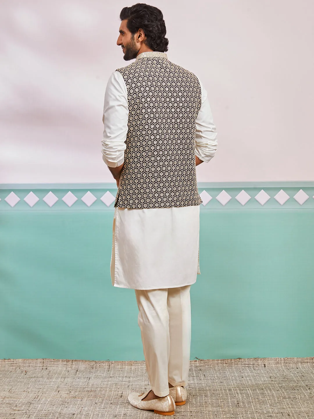 VASTRAMAY Men's Black Fine Satin Nehru Jacket, Kurta And Pyjama Set.